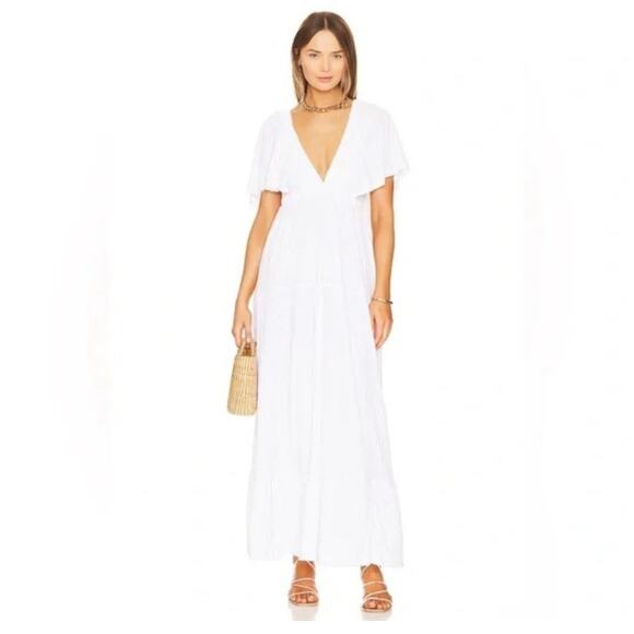 FREE PEOPLE BEACH Dress‎ Medium La La Maxi V-Neck Flutter Sleeves Flouncy Tiered - Picture 3 of 16